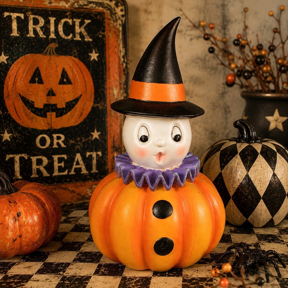 Ghoulish Retro Ghost Pumpkin Figurine Halloween Resin Johanna Parker Style